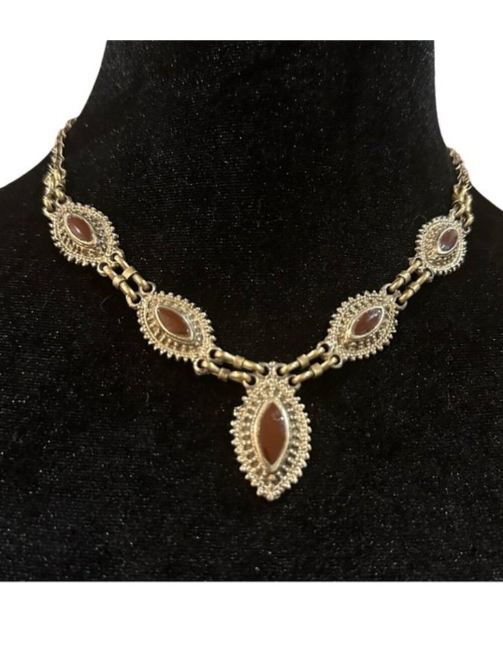 Art Deco Style Necklace Gold Tone Brown Hook Closure 16 Inch Length